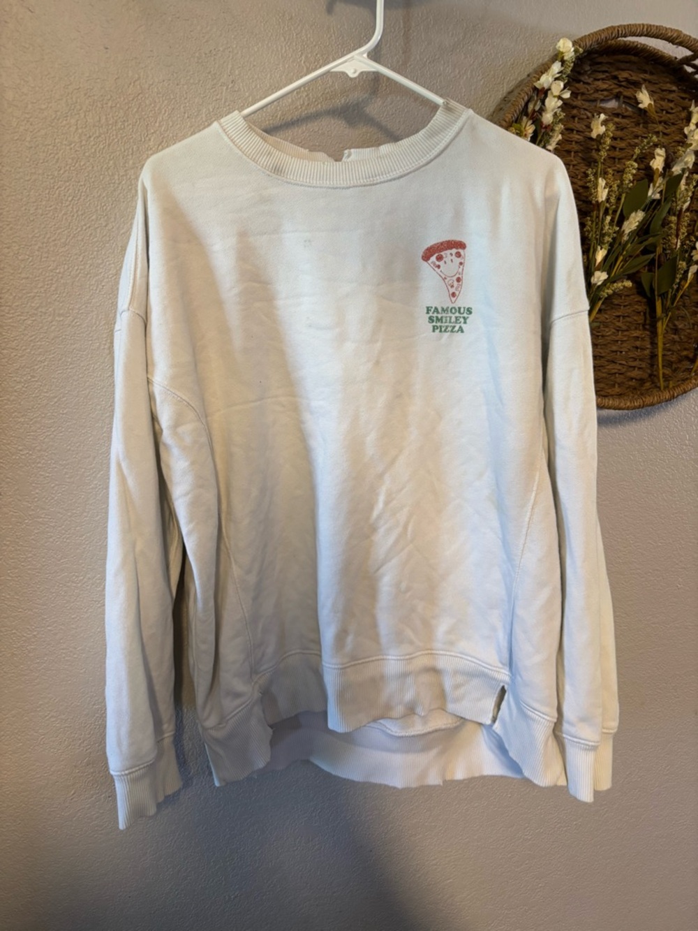 aerie Cream Crewneck Sweatshirt with Pizza Chest Graphic
